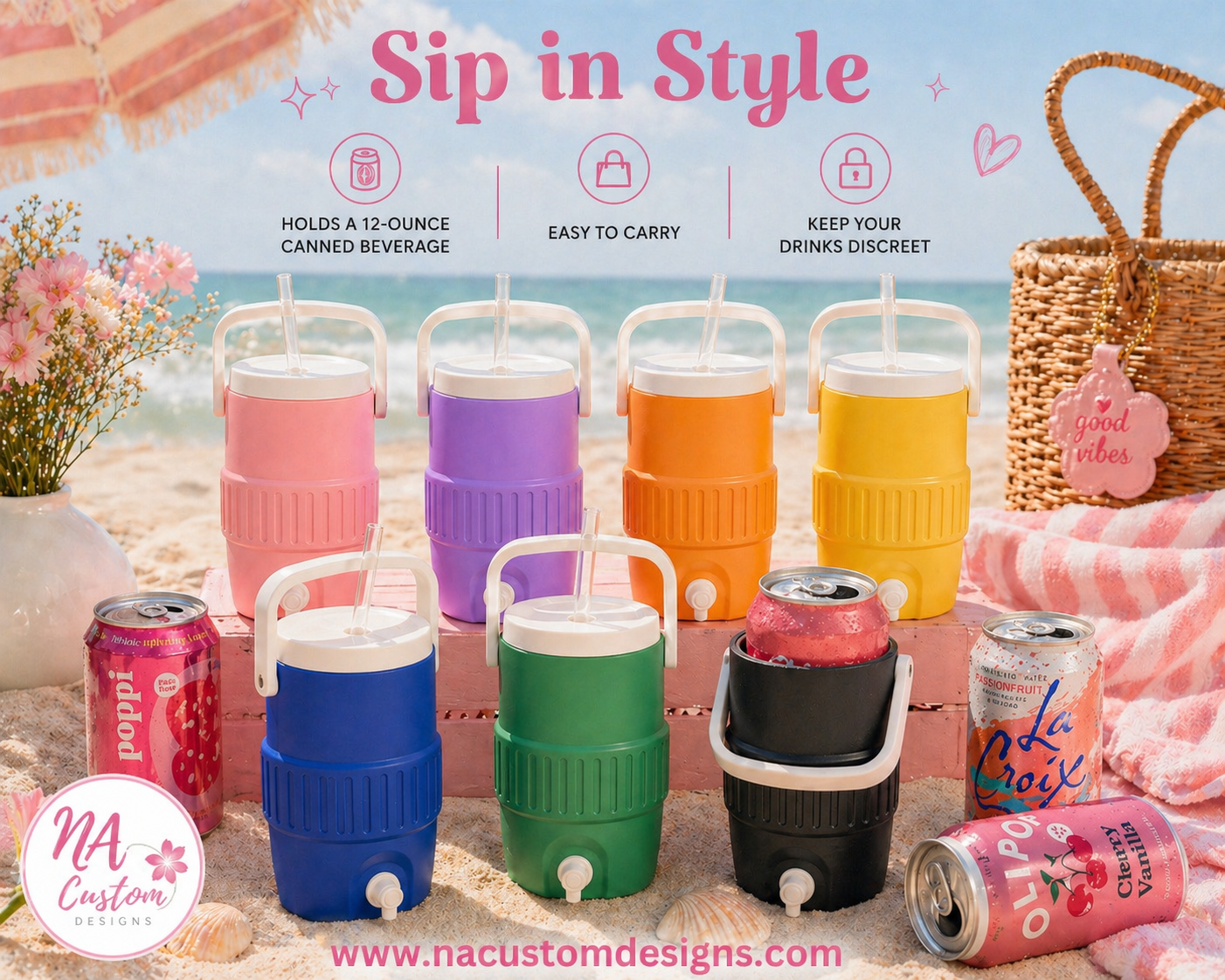 Sideline Cooler Can Holder 12 oz, 3D Printed Koozie with Handle, Soda Can Holder