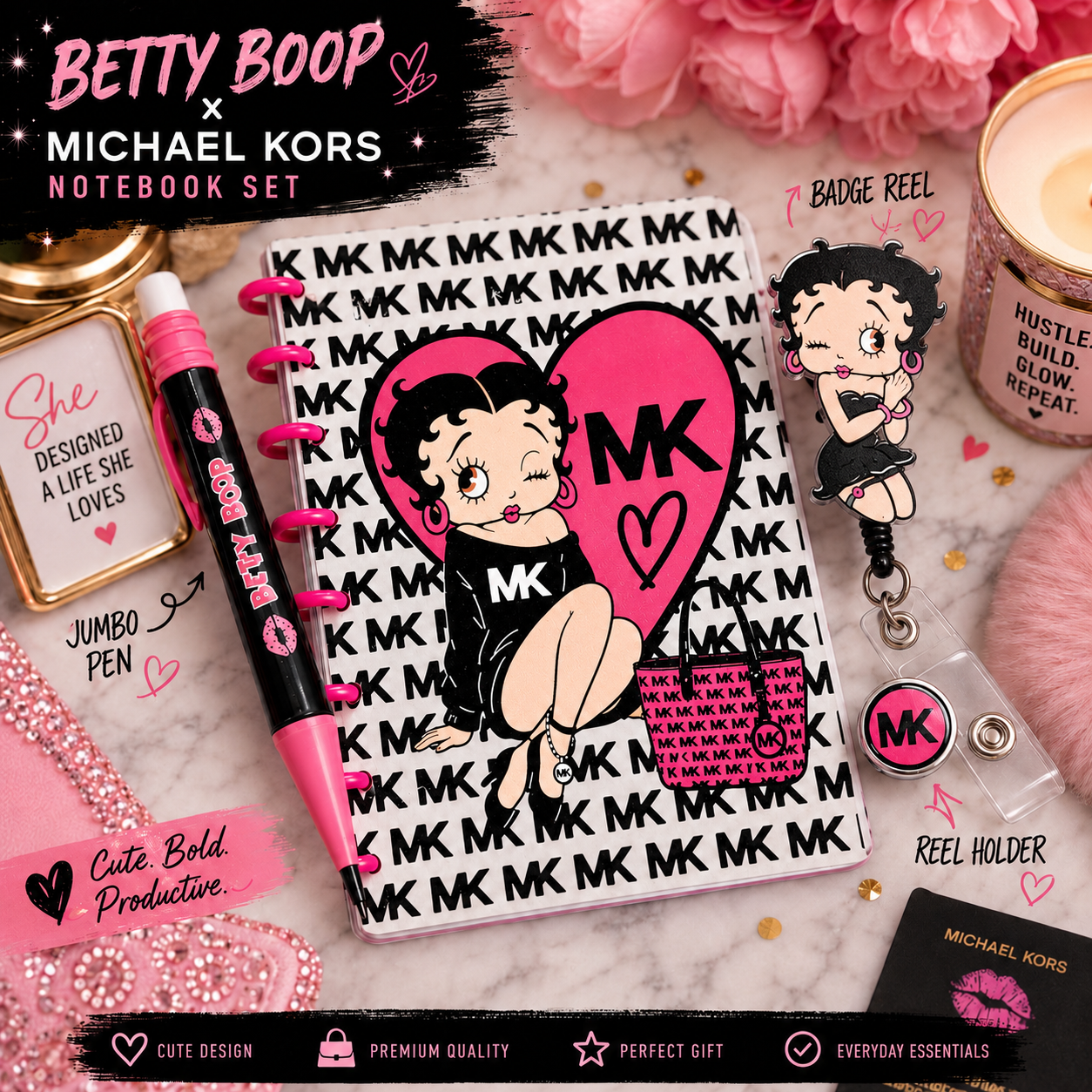 BB custom 3-D note pad, jumbo pen, and badge reel