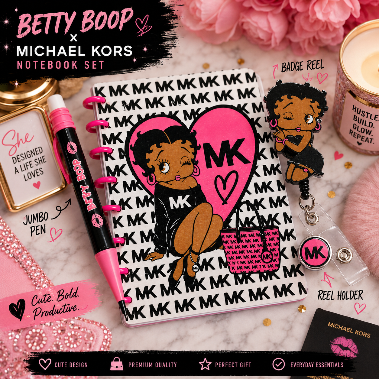 BB custom 3-D note pad, jumbo pen, and badge reel