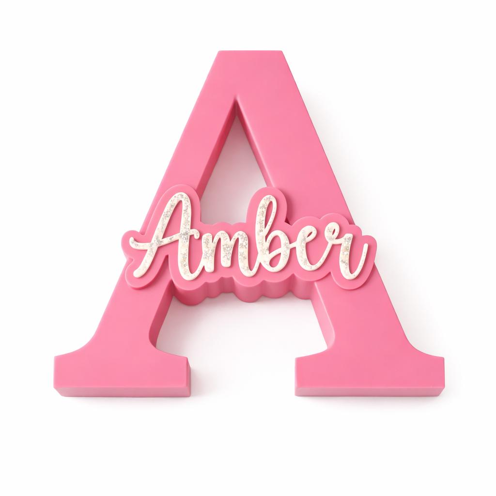 Pink letter 'A' with the name 'Amber' on a white background