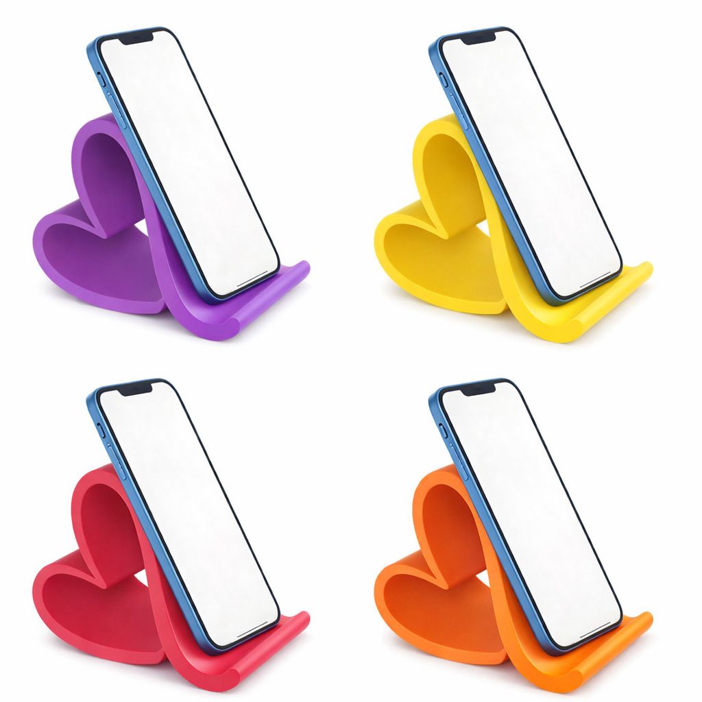 Four heart-shaped phone stands in purple, yellow, red, and orange on a white background.