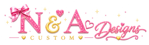 Logo with 'N&A Designs' text, pink bow, and hearts on a white background